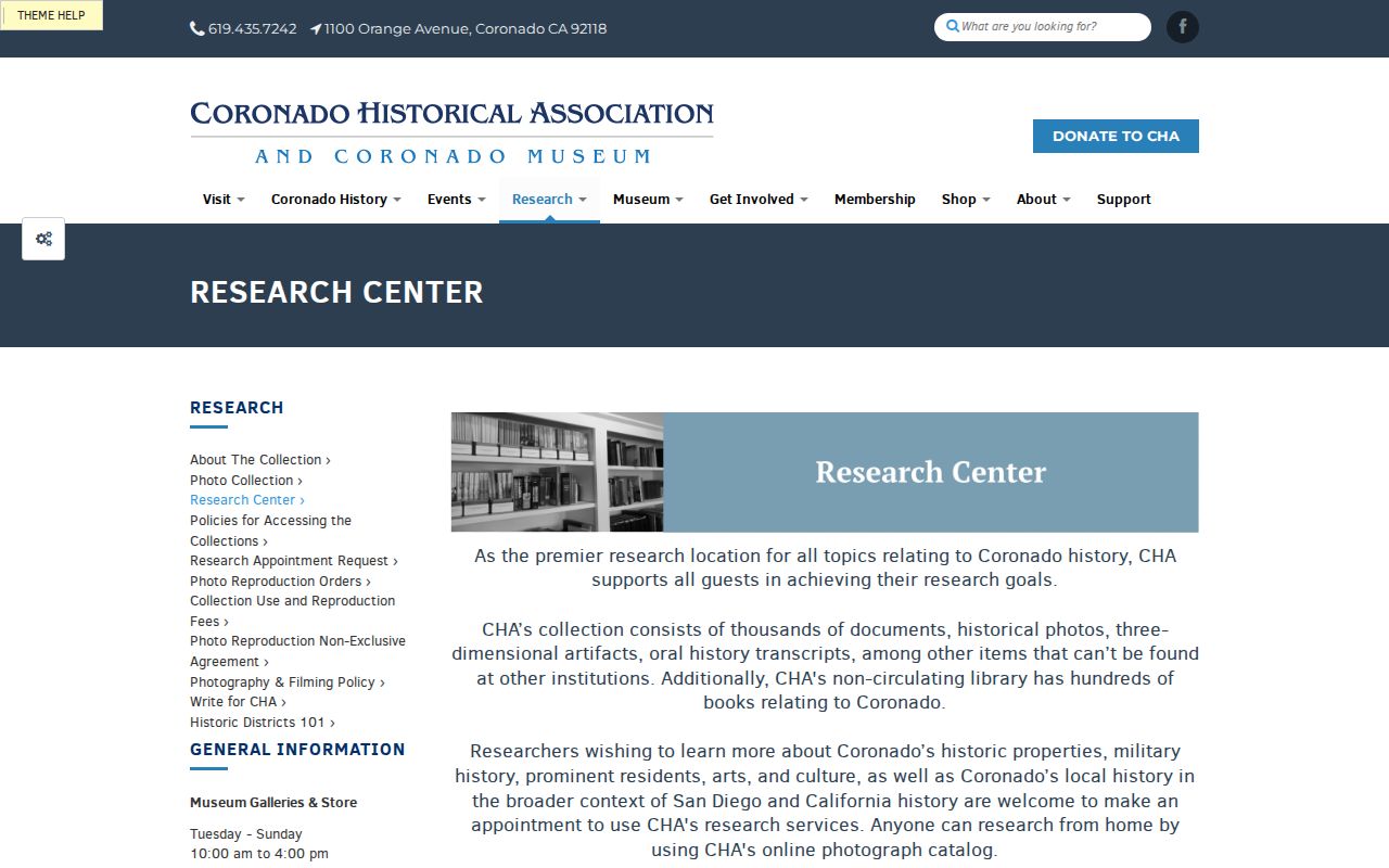 Coronado city directory resource showing the Coronado Historical Association research center