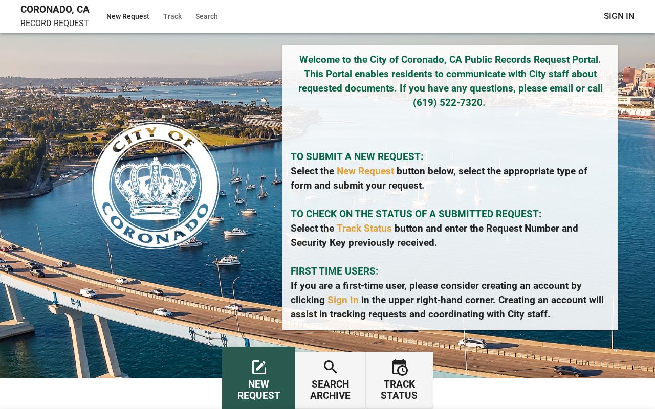 Coronado residents directory view of the tracked city records request portal
