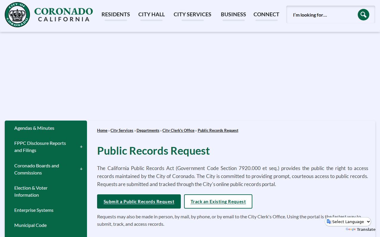 Coronado residents directory view of the city public records guidance