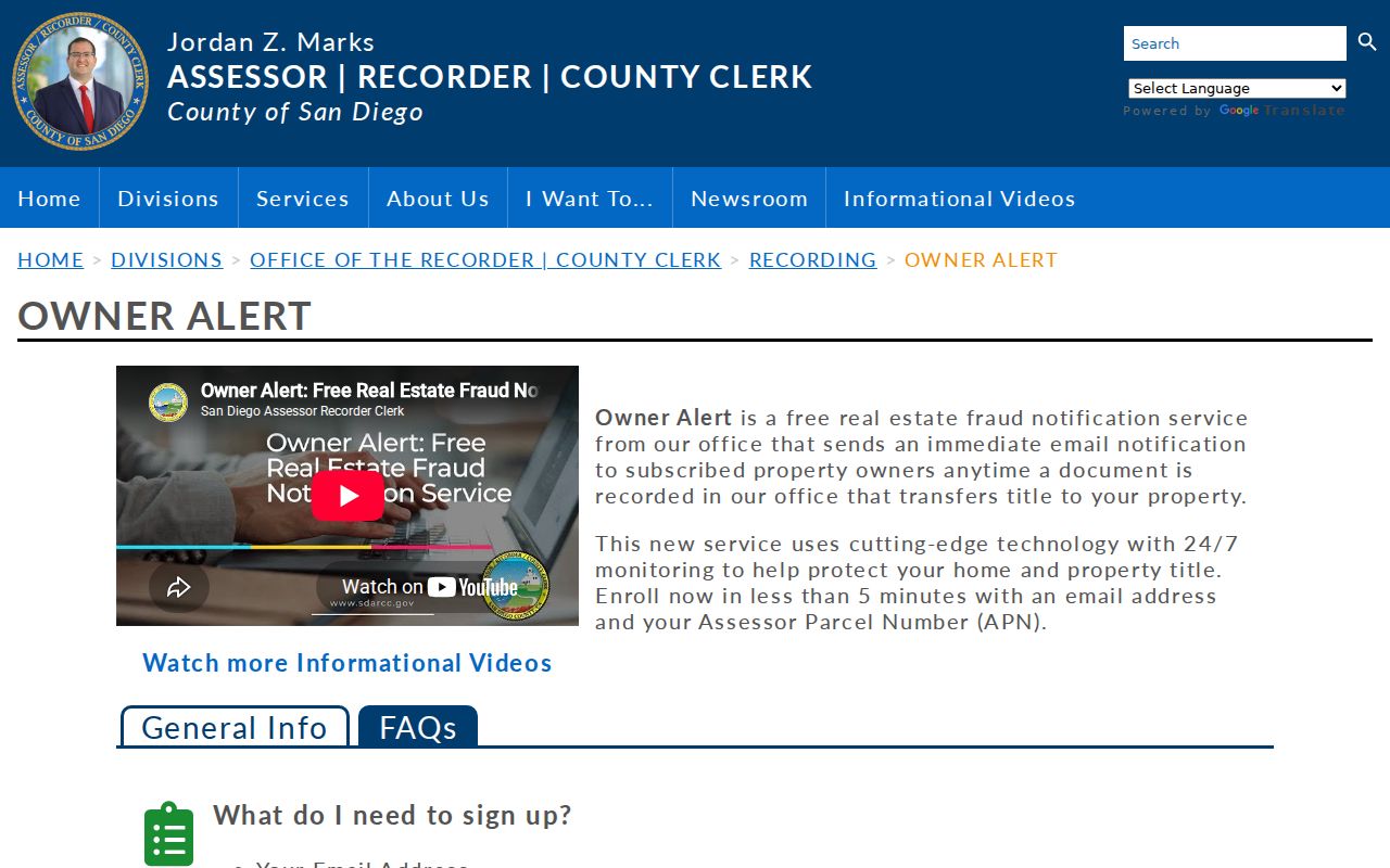 Coronado residents directory resource showing San Diego County Owner Alert