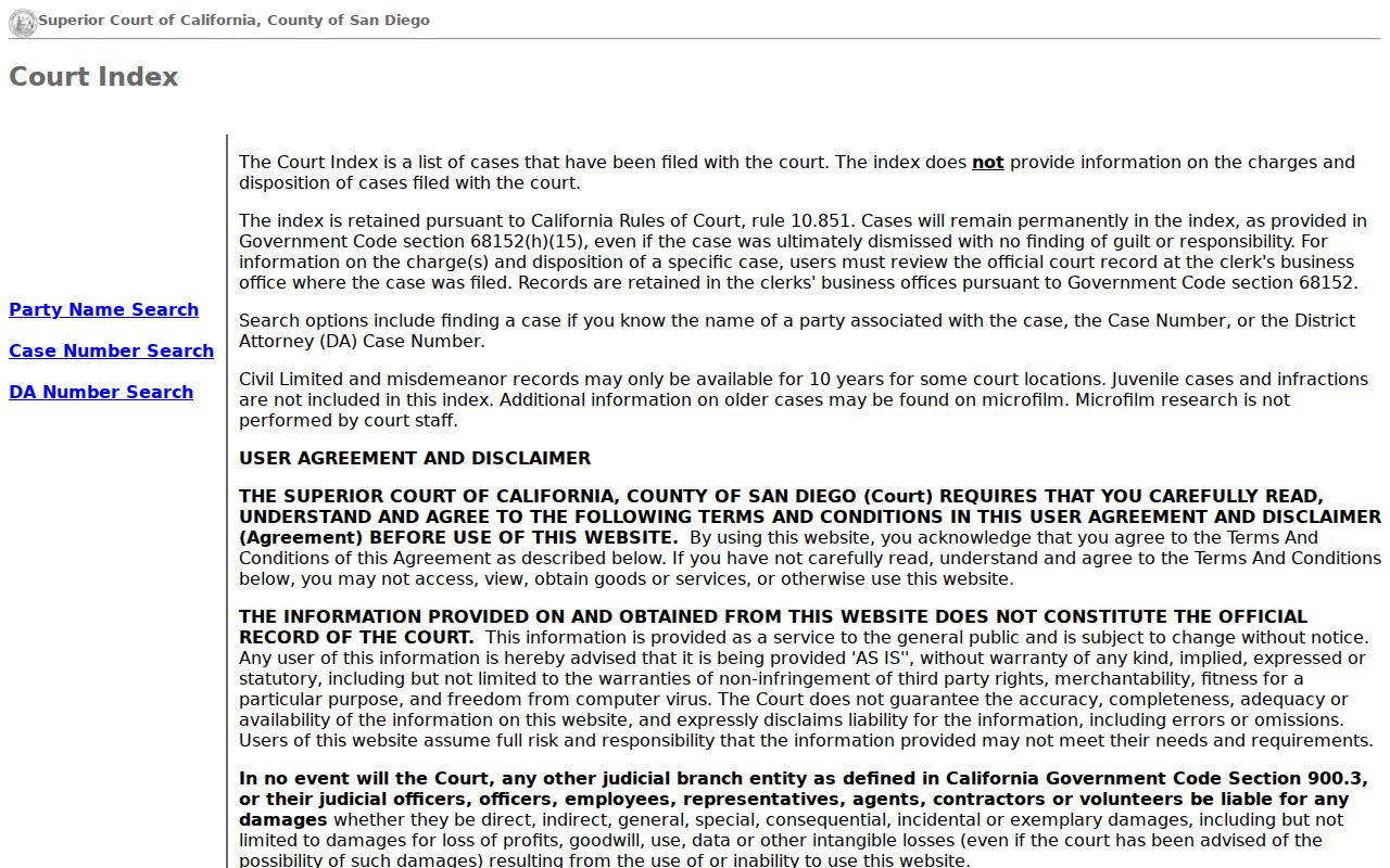 Coronado residents directory view of the San Diego court index