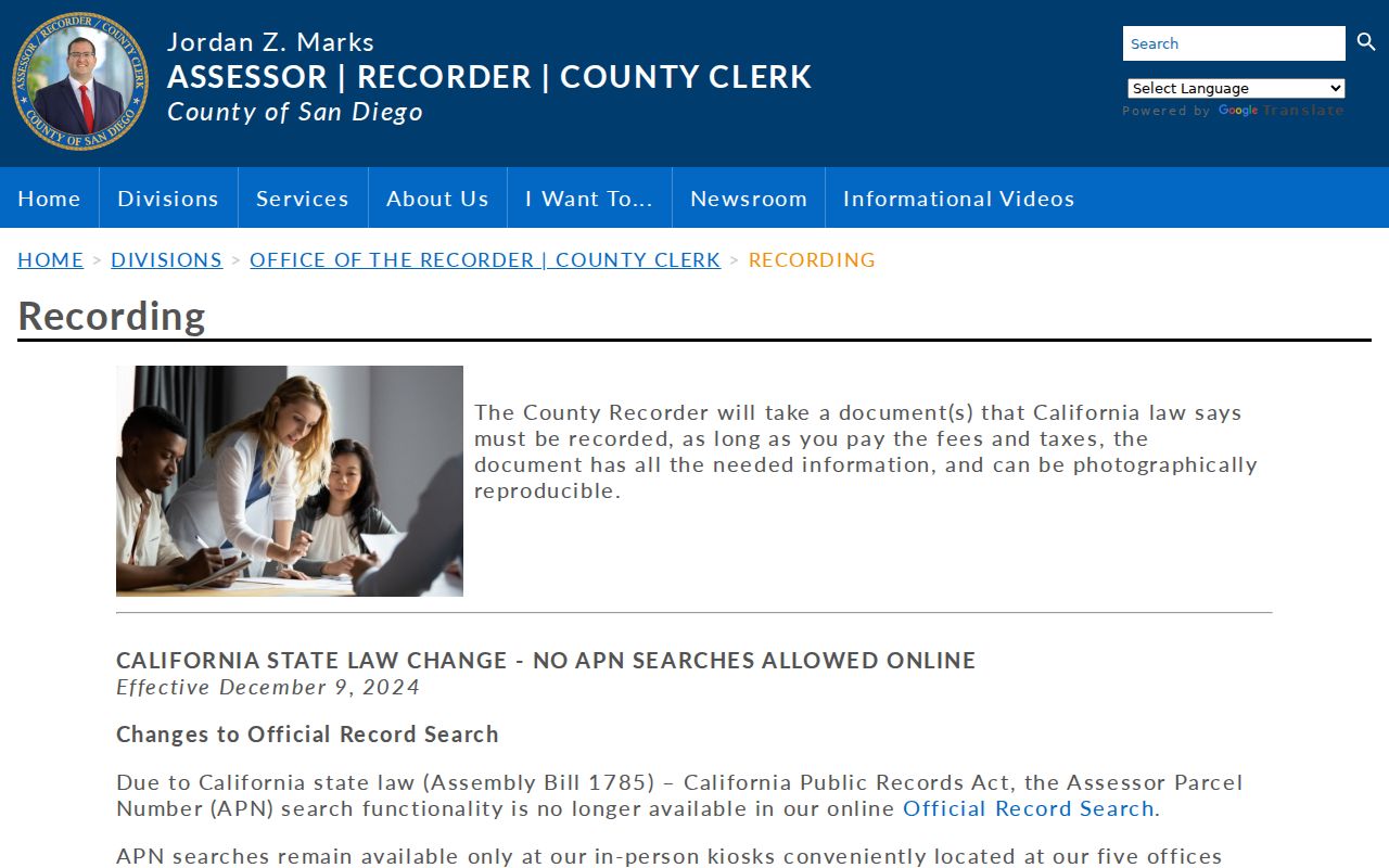 Coronado previous residents resource showing the Official Records index entry