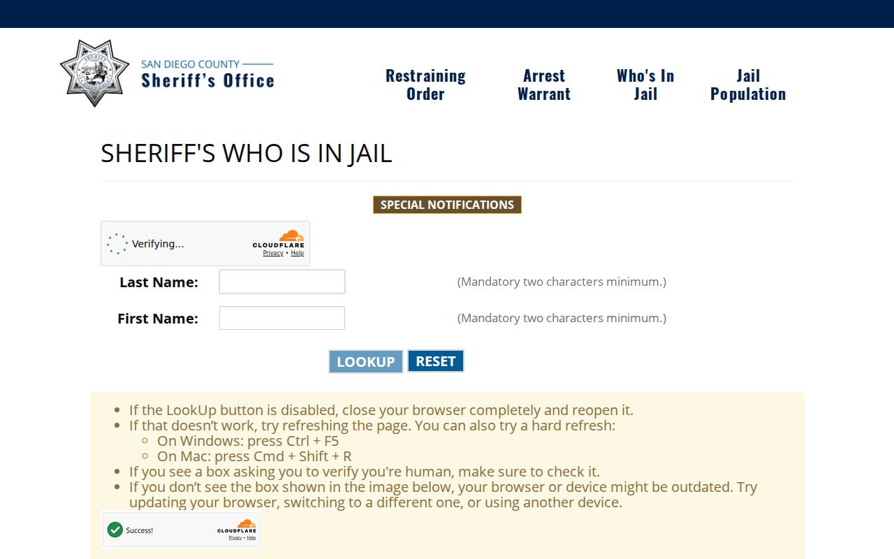 Coronado resident lookup view of the San Diego County jail search