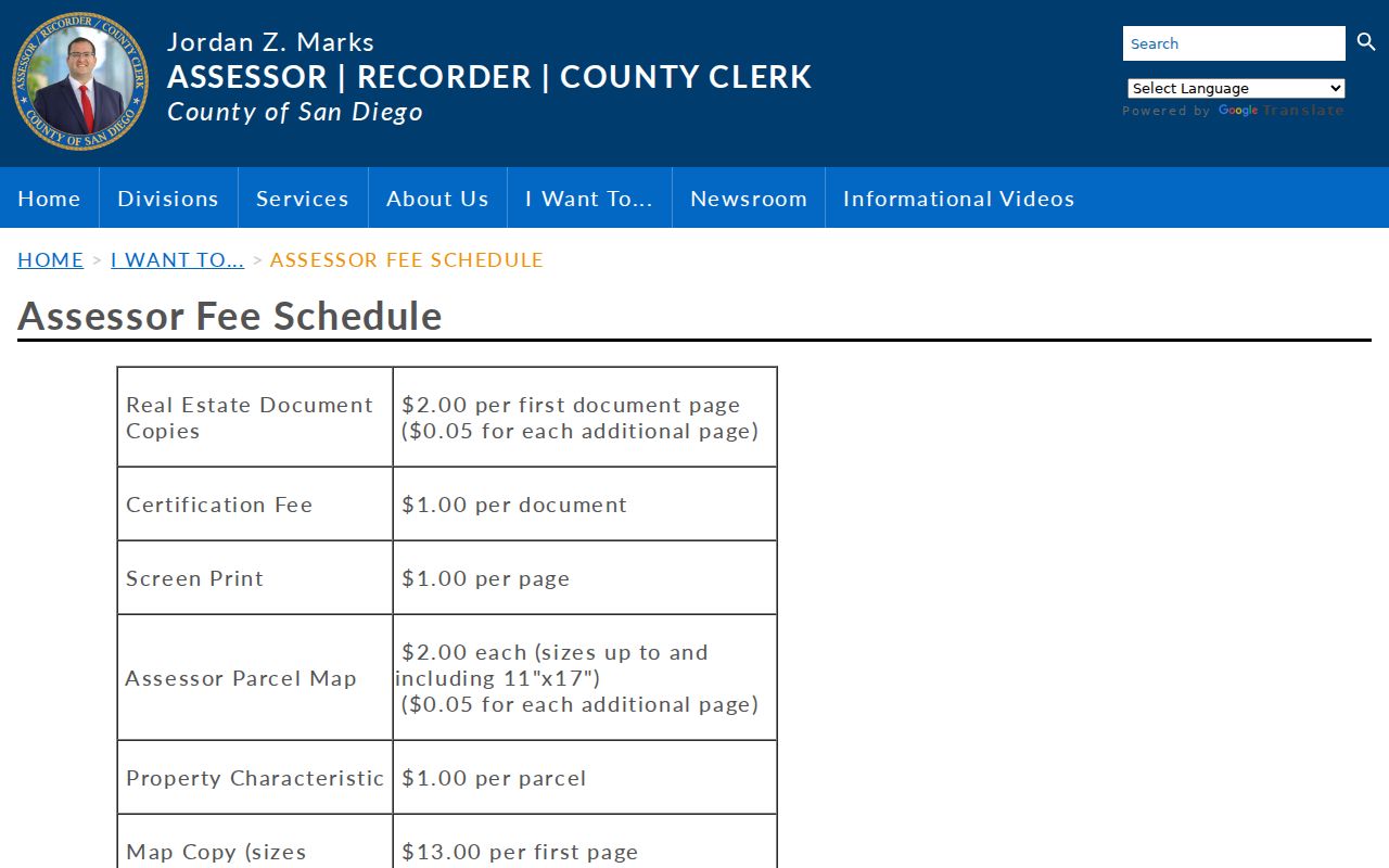 Coronado street directory view of assessor map and copy fees