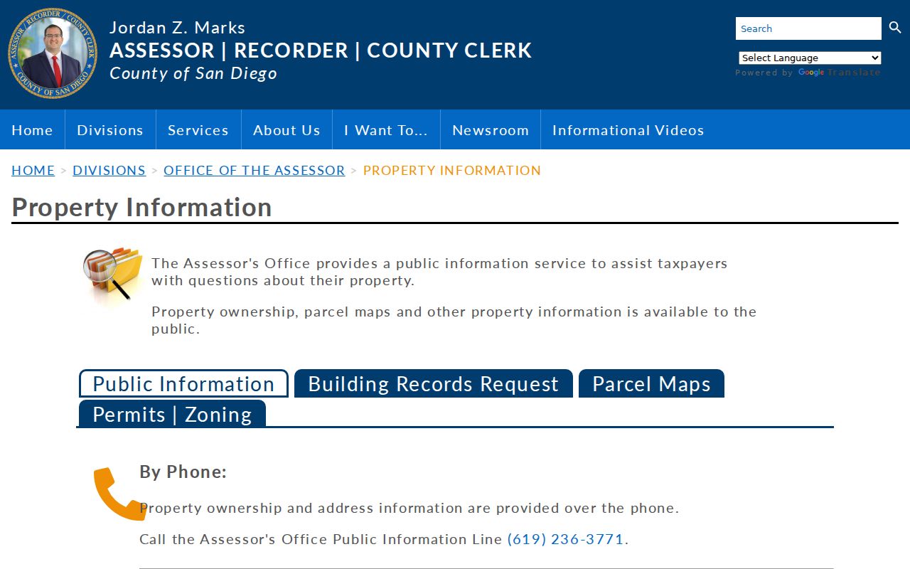 Coronado street directory view of San Diego County property records