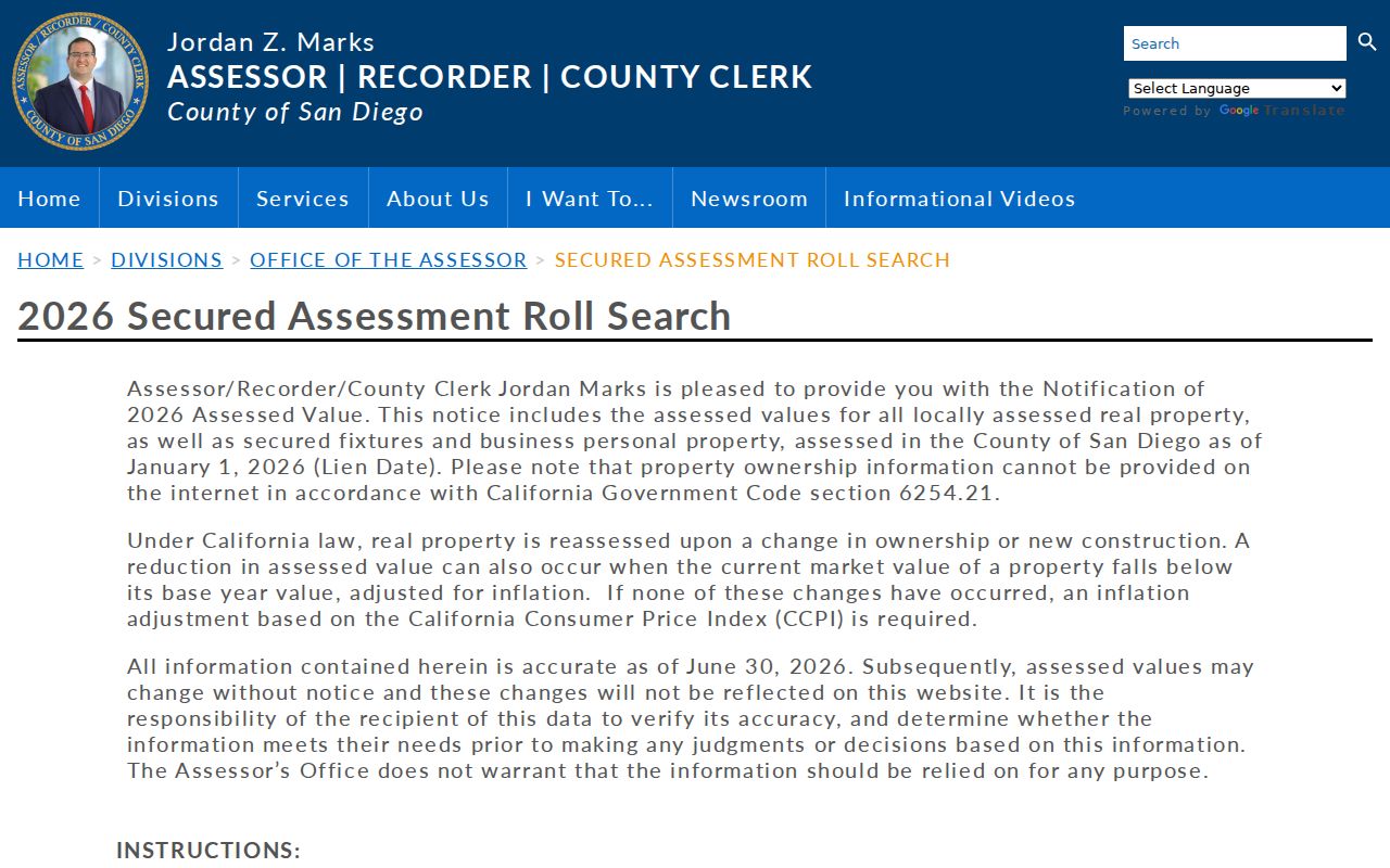 Coronado ZIP code lookup view of the county assessment search
